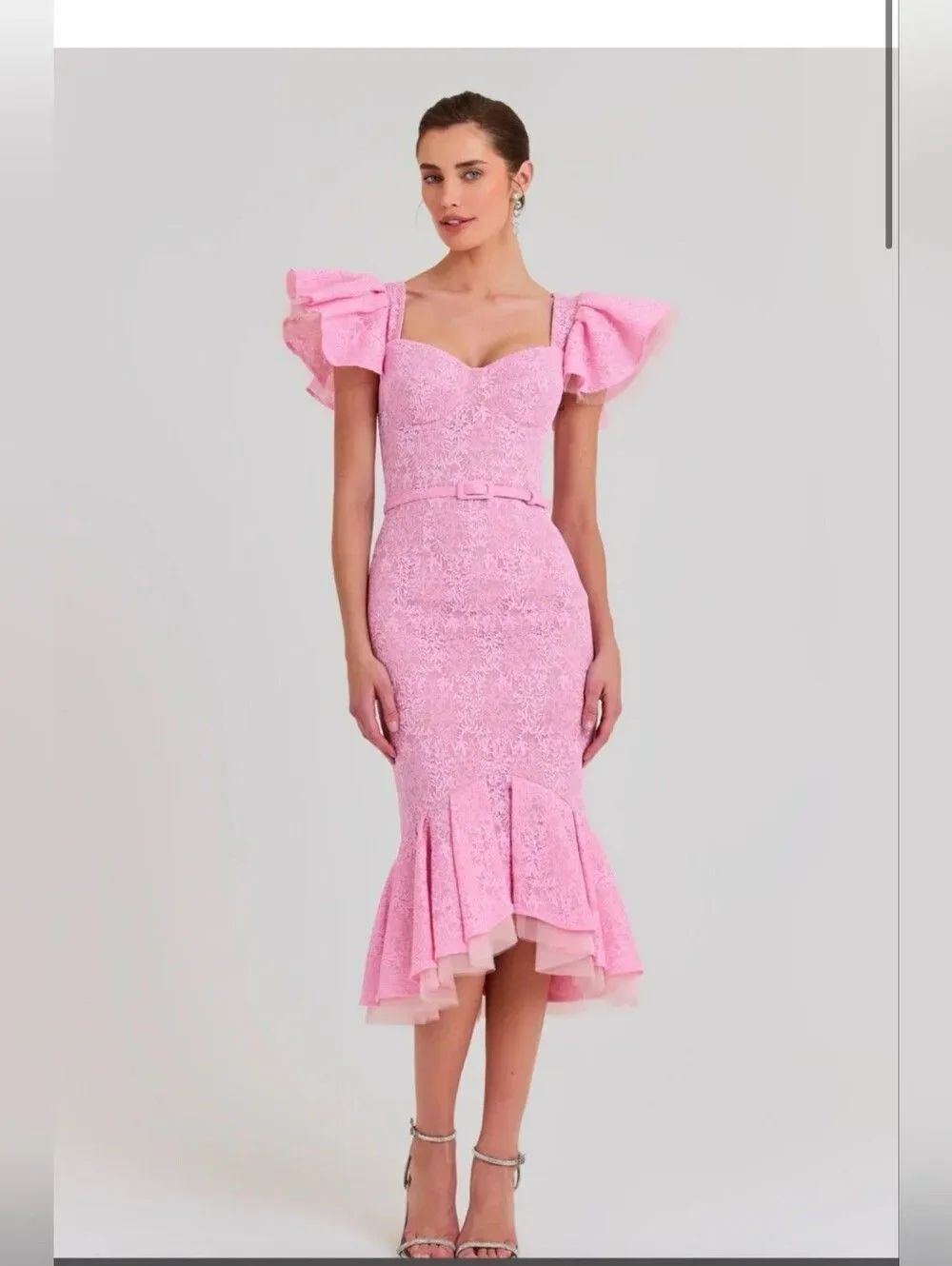 NADINE MERABI Pink Lace Mermaid Midi Dress with Ruffle Sleeves